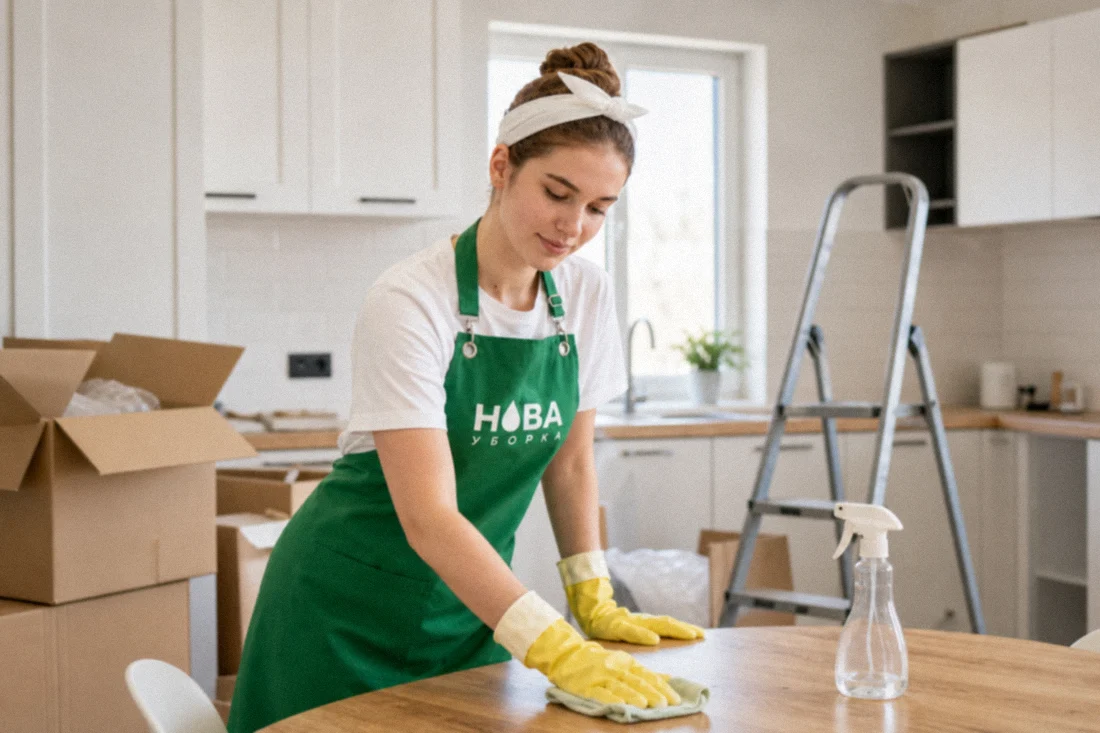 Клинер НОВА убирается на кухне в доме